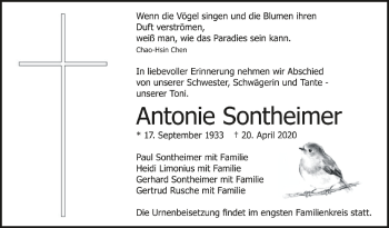 Anzeige von Antonie Sontheimer von Schwäbische Zeitung