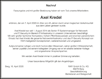 Anzeige von Axel Kredel von Schwäbische Zeitung