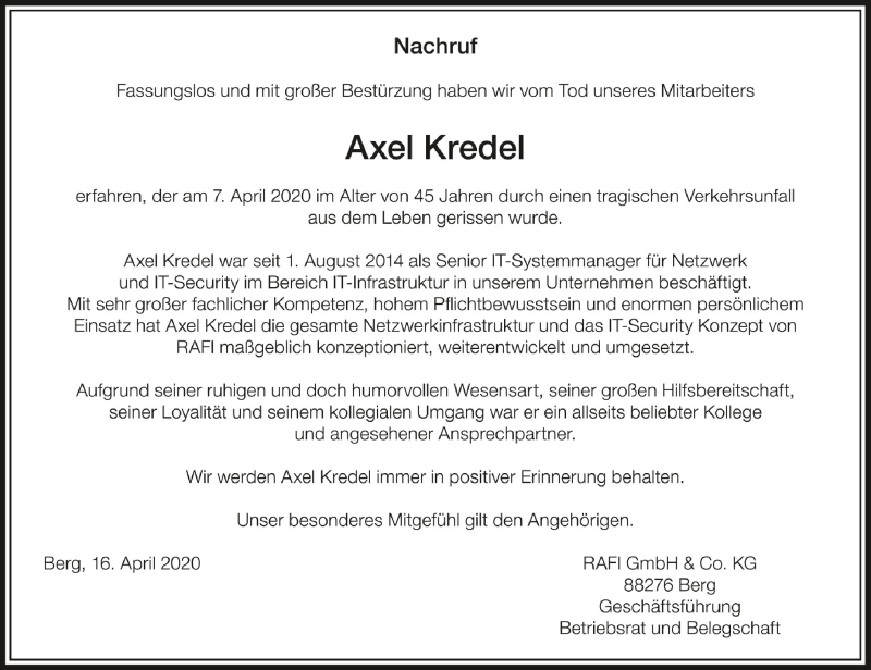  Traueranzeige für Axel Kredel vom 16.04.2020 aus Schwäbische Zeitung