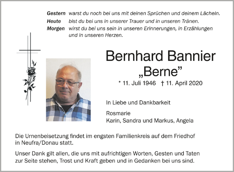  Traueranzeige für Bernhard Bannier vom 18.04.2020 aus Schwäbische Zeitung