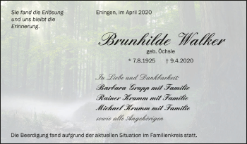 Anzeige von Brunhilde Walker von Schwäbische Zeitung