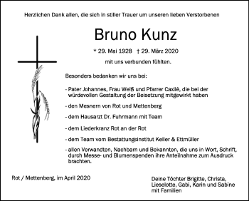 Anzeige von Bruno Kunz von Schwäbische Zeitung