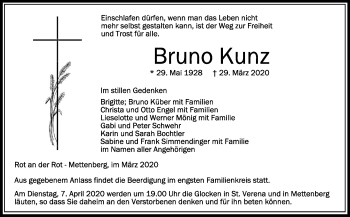 Anzeige von Bruno Kunz von Schwäbische Zeitung