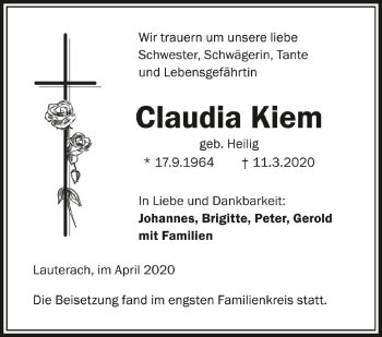 Anzeige von Claudia Kiem von Schwäbische Zeitung