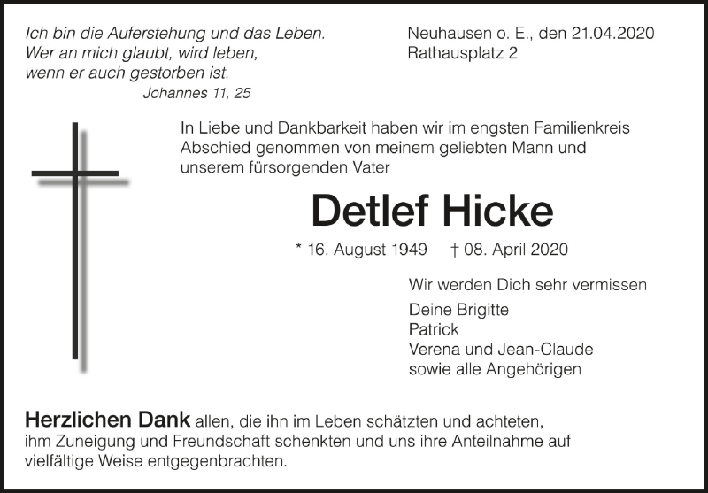 Traueranzeigen von Detlef Hicke | schwaebische.de Trauerportal