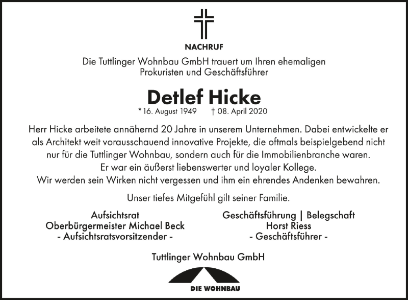 Traueranzeigen von Detlef Hicke | schwaebische.de Trauerportal