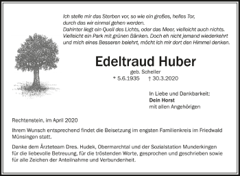 Anzeige von Edeltraud Huber von Schwäbische Zeitung