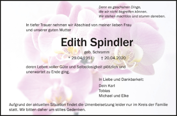 Anzeige von Edith Spindler von Schwäbische Zeitung