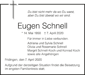 Anzeige von Eugen Schnell von Schwäbische Zeitung