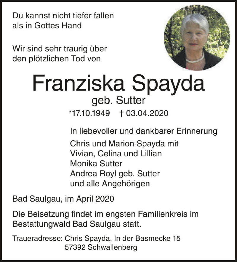 Traueranzeigen Von Franziska Spayda Schwaebische De Trauerportal My