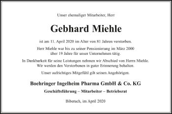 Anzeige von Gebhard Miehle von Schwäbische Zeitung