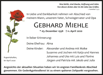 Anzeige von Gebhard Miehle von Schwäbische Zeitung