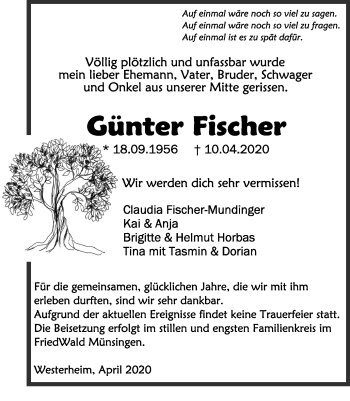 Anzeige von Günter Fischer von Schwäbische Zeitung