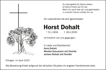 Anzeige von Horst Dohalt von Schwäbische Zeitung