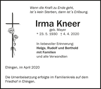 Anzeige von Irma Kneer von Schwäbische Zeitung