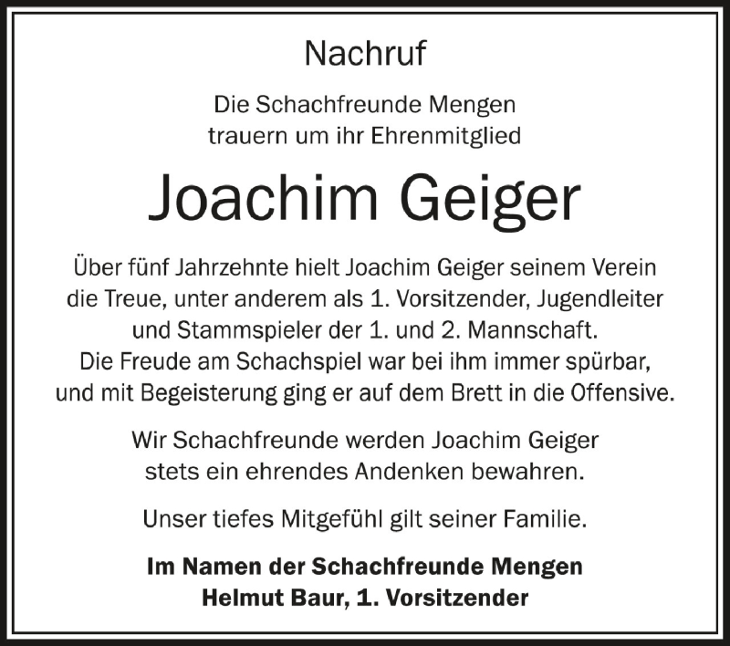  Traueranzeige für Joachim Geiger vom 07.04.2020 aus Schwäbische Zeitung