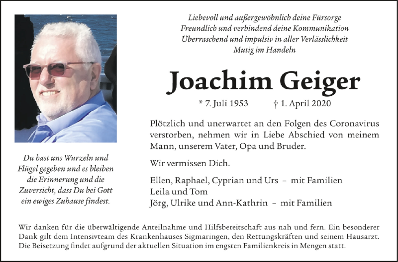  Traueranzeige für Joachim Geiger vom 07.04.2020 aus Schwäbische Zeitung