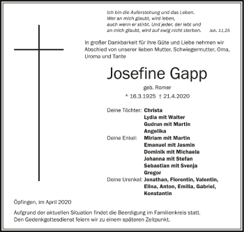 Anzeige von Josefine Gapp von Schwäbische Zeitung