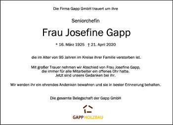 Anzeige von Josefine Gapp von Schwäbische Zeitung