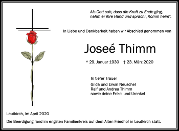 Anzeige von Joseé Thimm von Schwäbische Zeitung