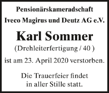 Anzeige von Karl Sommer von Schwäbische Zeitung