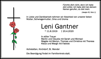Anzeige von Leni Gantner von Schwäbische Zeitung