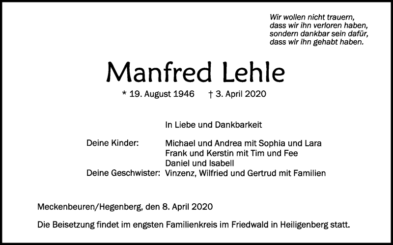  Traueranzeige für Manfred Lehle vom 08.04.2020 aus Schwäbische Zeitung