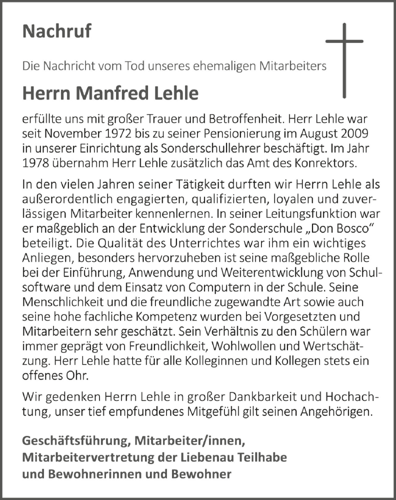  Traueranzeige für Manfred Lehle vom 11.04.2020 aus Schwäbische Zeitung