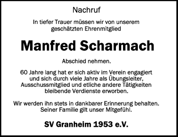 Anzeige von Manfred Scharmach von Schwäbische Zeitung