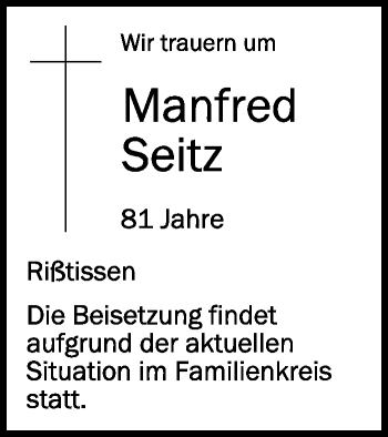 Anzeige von Manfred Seitz von Schwäbische Zeitung