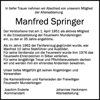 Anzeige von Manfred Springer von Schwäbische Zeitung