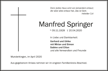 Anzeige von Manfred Springer von Schwäbische Zeitung