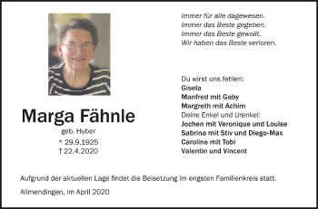 Anzeige von Marga Fähnle von Schwäbische Zeitung