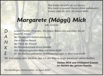 Anzeige von Margarete Mick von Schwäbische Zeitung