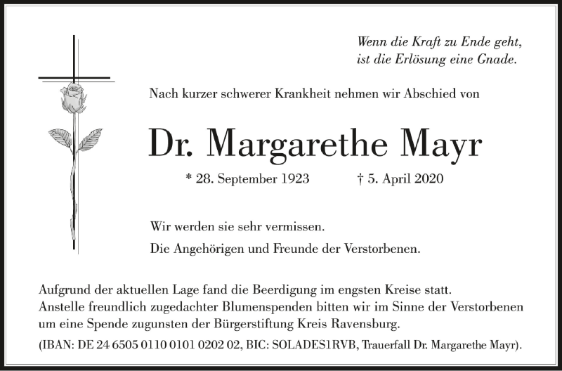 Traueranzeigen Von Margarethe Mayr Schwaebische De Trauerportal