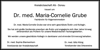 Anzeige von Maria-Cornelie Grube von Schwäbische Zeitung