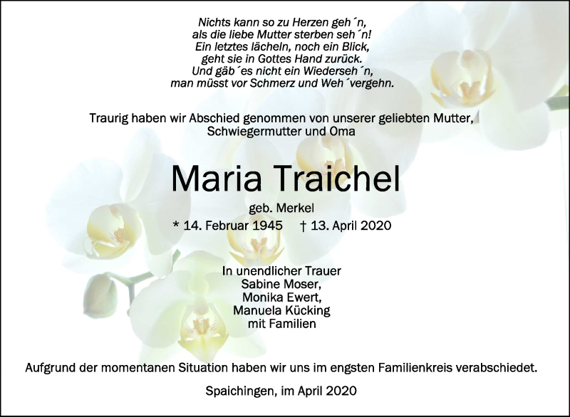  Traueranzeige für Maria Traichel vom 23.04.2020 aus Schwäbische Zeitung