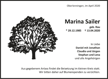 Anzeige von Marina Sailer von Schwäbische Zeitung