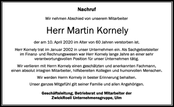 Anzeige von Martin Kornely von Schwäbische Zeitung