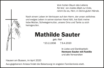 Anzeige von Mathilde Sauter von Schwäbische Zeitung