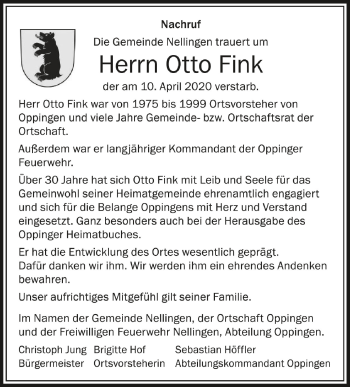 Anzeige von Otto Fink von Schwäbische Zeitung