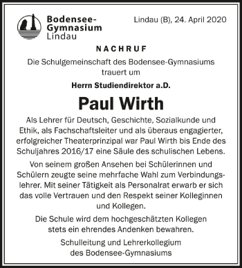 Anzeige von Paul Wirth von Schwäbische Zeitung