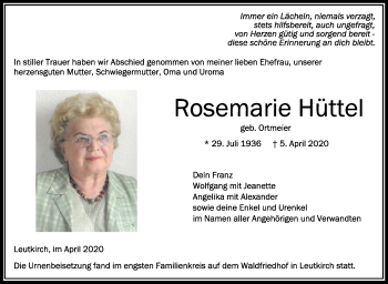 Anzeige von Rosemarie Hüttel von Schwäbische Zeitung