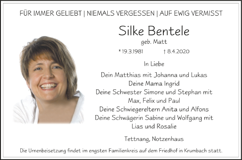  Traueranzeige für Silke Bentele vom 11.04.2020 aus Schwäbische Zeitung