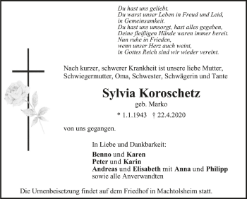 Anzeige von Sylvia Koroschetz von Schwäbische Zeitung