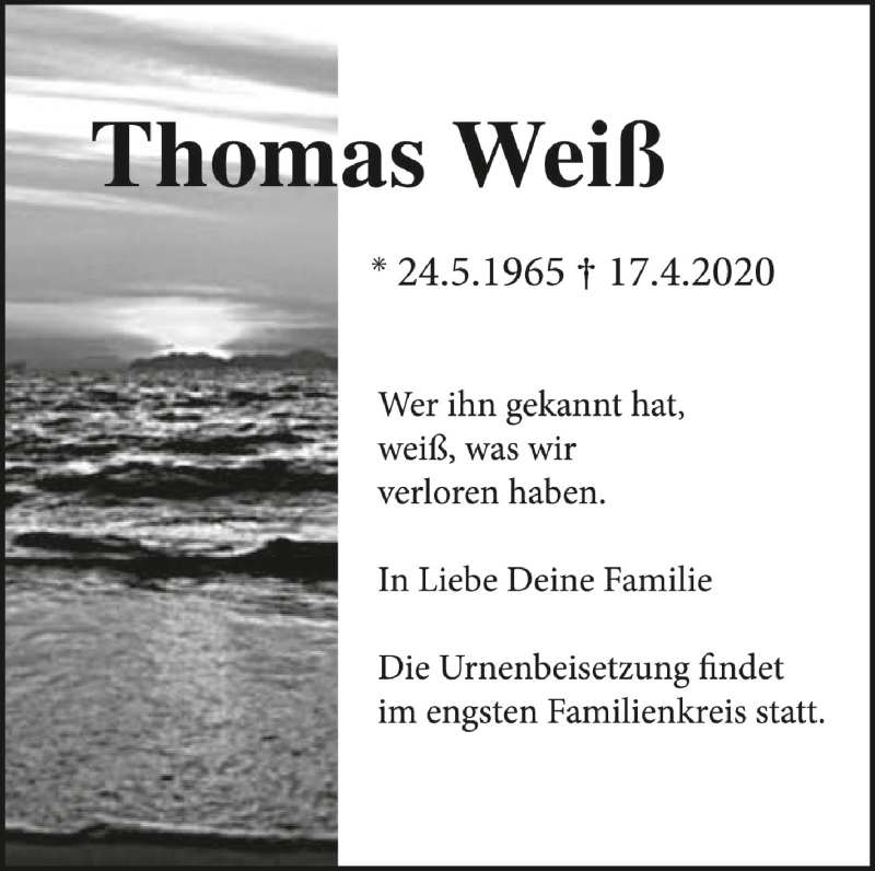  Traueranzeige für Thomas Weiß vom 22.04.2020 aus Schwäbische Zeitung