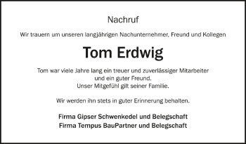 Anzeige von Tom Erdwig von Schwäbische Zeitung