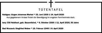 Anzeige von Totentafel vom 17.04.2020 von Schwäbische Zeitung