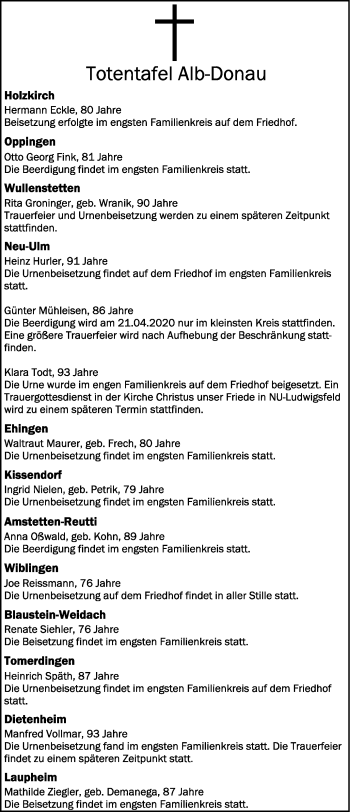 Anzeige von Totentafel vom 17.04.2020 von Schwäbische Zeitung