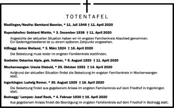 Anzeige von Totentafel vom 18.04.2020 von Schwäbische Zeitung